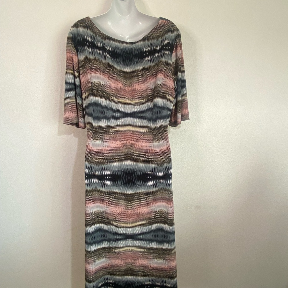 Connected Apparel Elegant Multicolor Pink/Black/Gray Striped Short Sleeve Dress